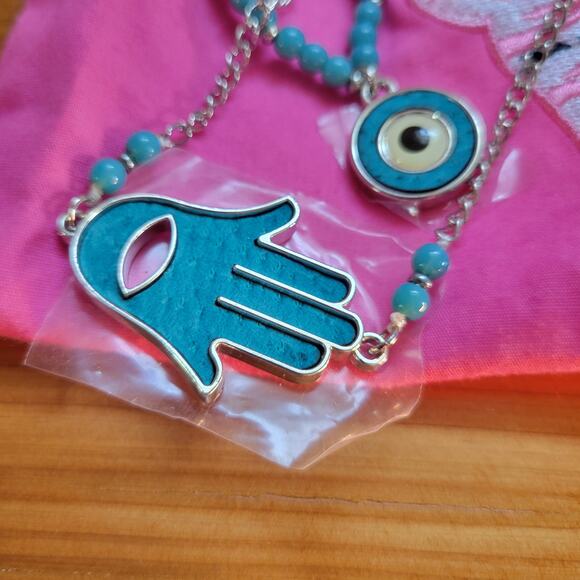 Evil Eye Hand Jewelry Set – Necklace & Bracelet with Blue Beads – New in Pouch - Picture 8 of 10